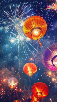 Traditional Chinese lanterns against fireworks in night sky, background, AI generated