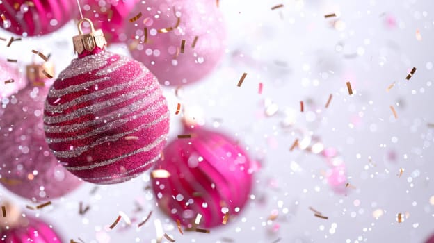 Shiny pink Christmas ornament hanging on pink tree with confetti, background, AI Generated