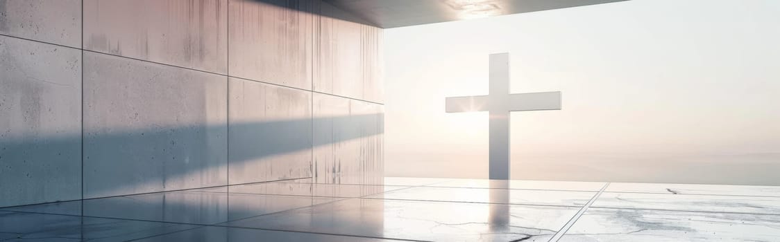 Modern concrete church interior with large cross and sunlight, background, AI Generated