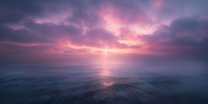 Ocean sunrise with glowing cross in the sky, concept of peace and hope, background, AI Generated