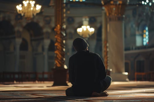 Person praying in mosque interior, depicting peace and spirituality, AI Generated