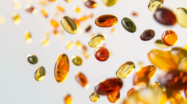 Colorful pills and capsules falling in mid-air on white background, AI Generated