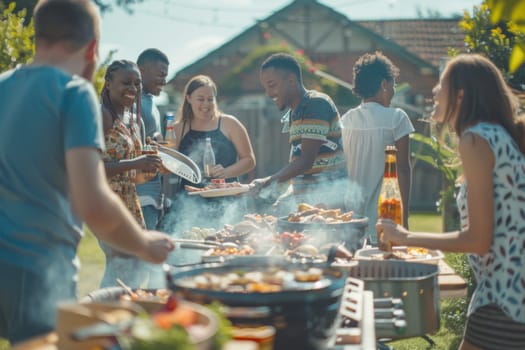 Summer backyard barbecue party with friends gathered and food on barbecue grill, AI Generated