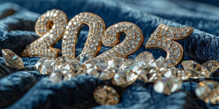 New Year 2025 numbers with diamonds on blue velvet fabric background, AI Generated