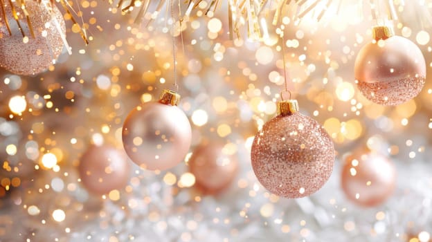 Christmas ornaments hanging on tree branch with golden bokeh background, AI Generated
