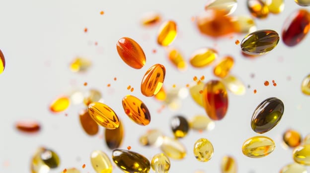 Colorful pills and capsules falling in mid-air on white background, AI Generated
