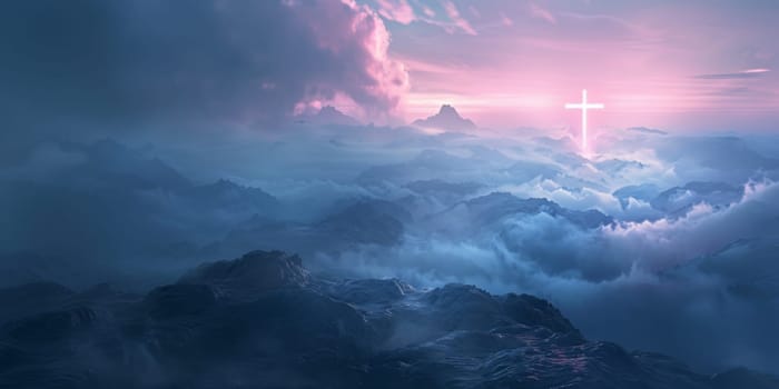 Mountainous landscape with glowing cross in dramatuc cloudy sky, background, AI generated