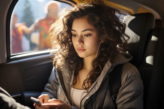 Young woman listening to music on headphones while using smartphone in a train, AI Generated