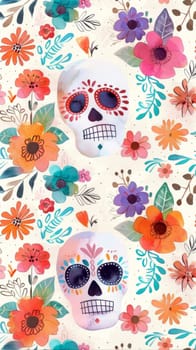 Day of the dead celebration background with colorful sugar skulls and flowers, AI generated