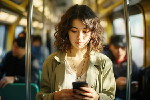 Commuters traveling in a subway train with woman using smartphone, AI generated
