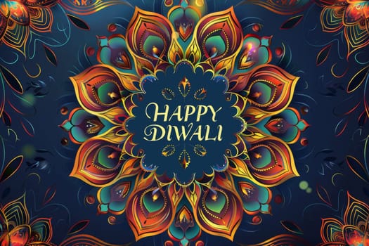 Happy Diwali text with floral mandala art and decorative elements, background, AI Generated