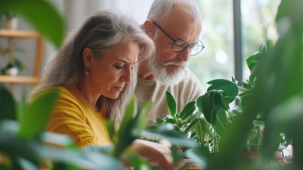 Couple caring houseplants at home. Caucasian mature man and woman with green plants, AI Generated