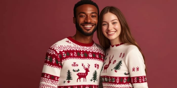 Smiling multiracial couple in ugly Christmas sweaters on festive background, AI Generated