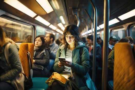 Commuters traveling in a subway train with woman using smartphone, AI generated