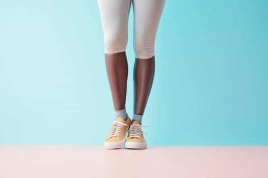 Legs of an athletic woman standing on color background, AI Generated