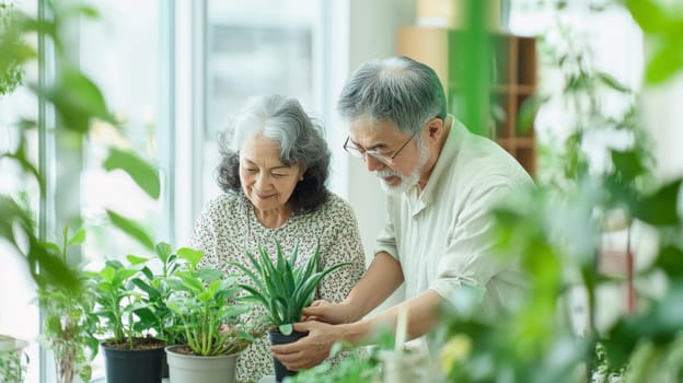 Couple caring houseplants at home. Asian mature man and woman with green plants. AI Generated