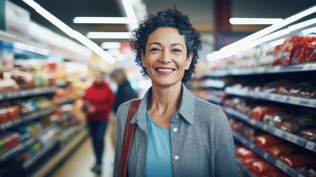 Smiling woman with curly hair in grocery store aisle, shopping experience, AI generated