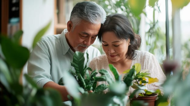Couple caring houseplants at home. Asian mature man and woman with green plants. AI Generated