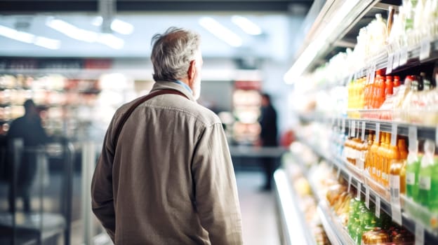 Senior man shopping for groceries in supermarket, background, AI Generated
