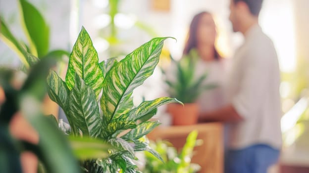Couple caring houseplants at home. Multiracial middle aged man and woman with green plants. AI Generated