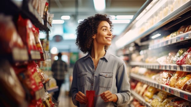 Woman shopping in grocery store aisle looking at products and smiling, AI generated