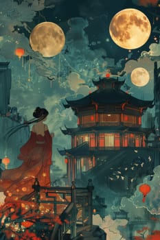 A woman in traditional attire floating under glowing full moon in Asian landscape, AI generated