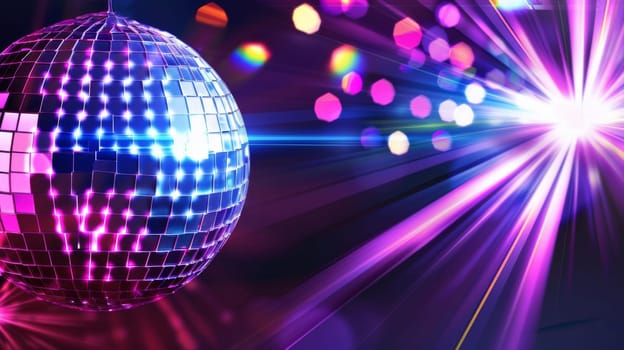 Disco ball reflecting neon lights creates vibrant party atmosphere, background, AI generated