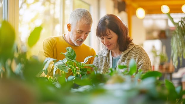 Couple caring houseplants at home. Caucasian mature man and woman with green plants, AI Generated