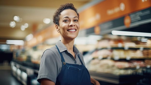 Smiling female supermarket employee in apron in front of shelves, workplace concept, AI Generated