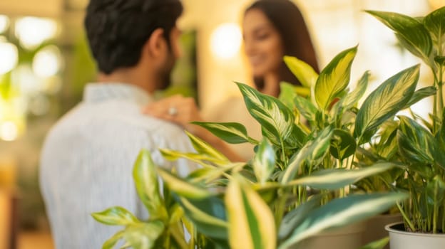 Couple caring houseplants at home. Indian young man and woman with green plants. AI Generated