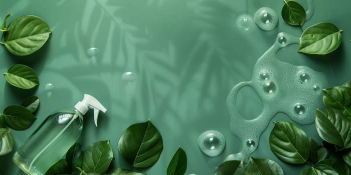 Spray bottle with green leaves in nature background, AI Generated