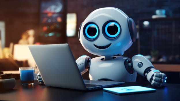 Cute robot with headphones working at a computer in futuristic office, AI generated