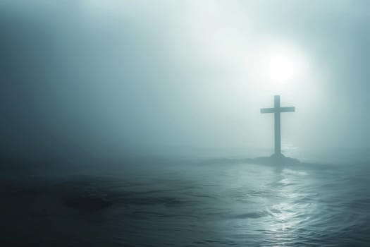 Cross overlooking peaceful sea at dawn, serene landscape background, AI Generated
