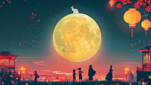 Full moon night scene with silhouettes of people and bunny, AI Generated