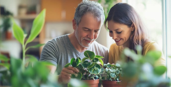 Couple caring houseplants at home. Caucasian middle aged man and woman with green plants, AI Generated