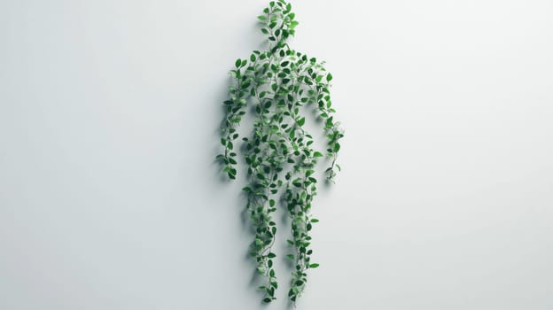 Human figure made of green leaves on plain background, concept of nature and ecology, AI Generated