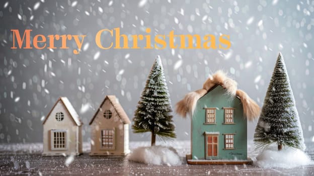 Miniature Christmas houses and trees with snow, New Year holiday greeting concept, AI Generated