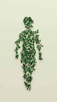 Human child silhouette made of green leaves on light background, eco-friendly concept, AI Generated