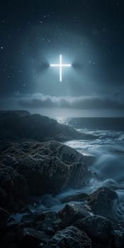 Cross illuminated on rocky seashore at night with starry sky, background, AI Generated