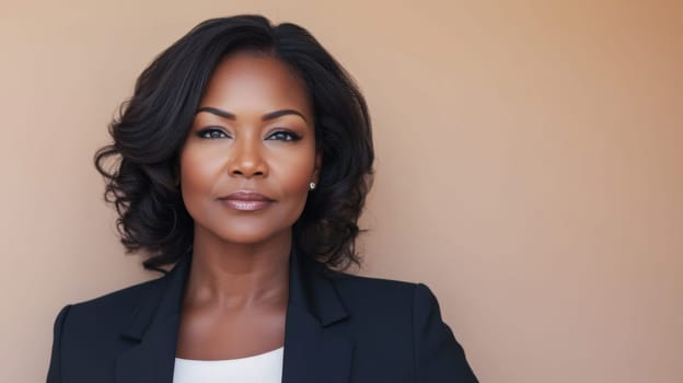Portrait of confident middle aged black woman in suit with neutral background, AI Generated