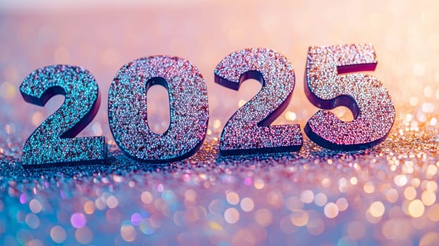 New Yea 2025 text on holographic glittery sequins background, AI Generated