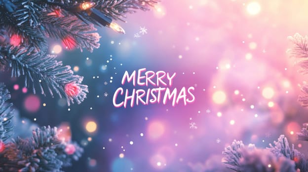 Merry Christmas text with snowflakes on Christmas tree branches background, AI generated