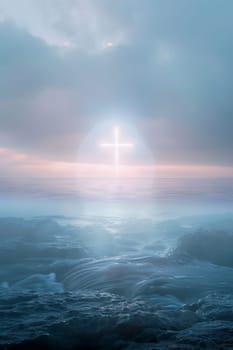 Ocean sunrise with glowing cross in the sky, concept of peace and hope, background, AI Generated