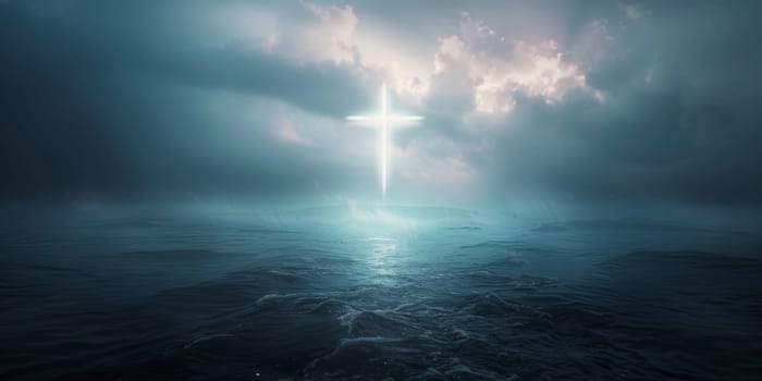 Cross illuminated on rocky seashore at night with starry sky, background, AI Generated