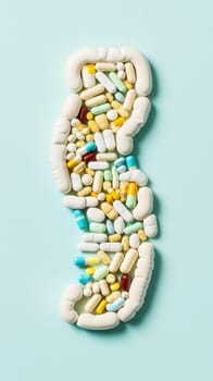 Intestines shape filled with various colorful pills on pink background, gut health concept, AI Generated