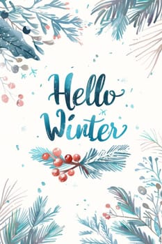 Hello winter greeting card with seasonal floral elements, background, AI Generated