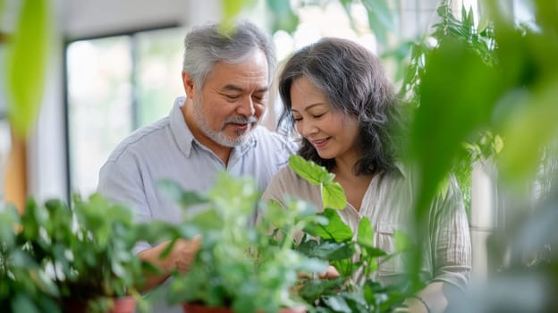 Couple caring houseplants at home. Multiracial mature man and woman with green plants. AI Generated