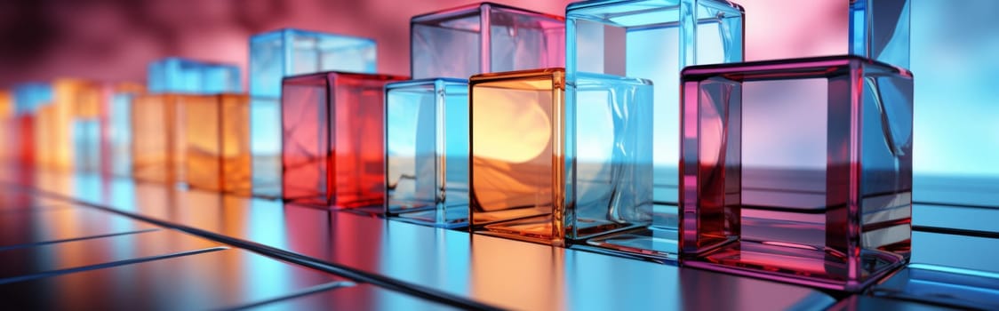Abstract background of reflective neon purple, blue and orange glass cubes with copy space, AI generated