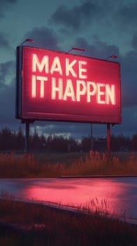 Sign with motivational message Make It Happen on background, AI Generated
