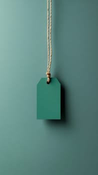 Blank price tag mockup with string on color background, AI Generated